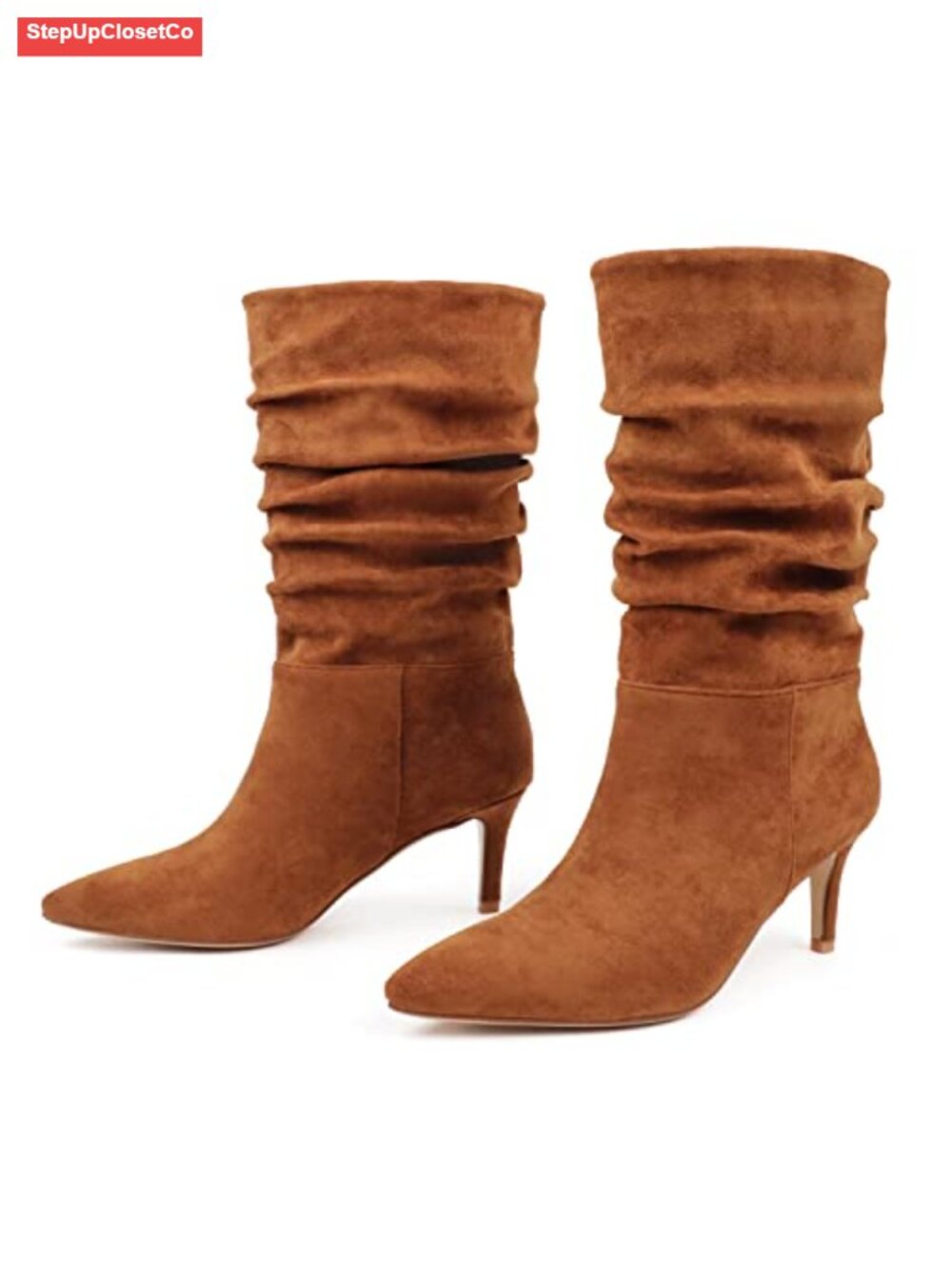 JOY IN LOVE Women's Mid-Calf Low Heel Slouchy Wrinkled Boots Faux Suede